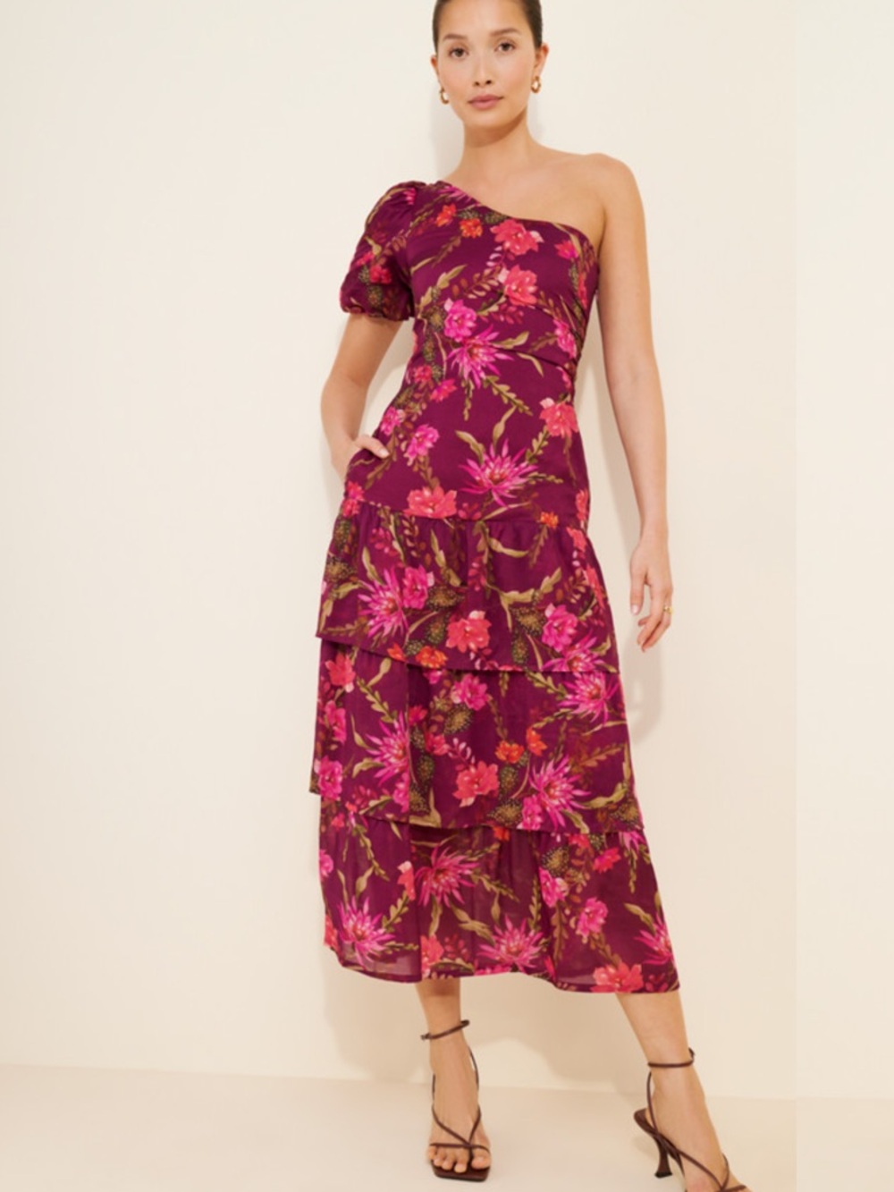 Banjanan Joya Tiered One-Shoulder Floral Midi Dress In Wine Pink, Size Medium